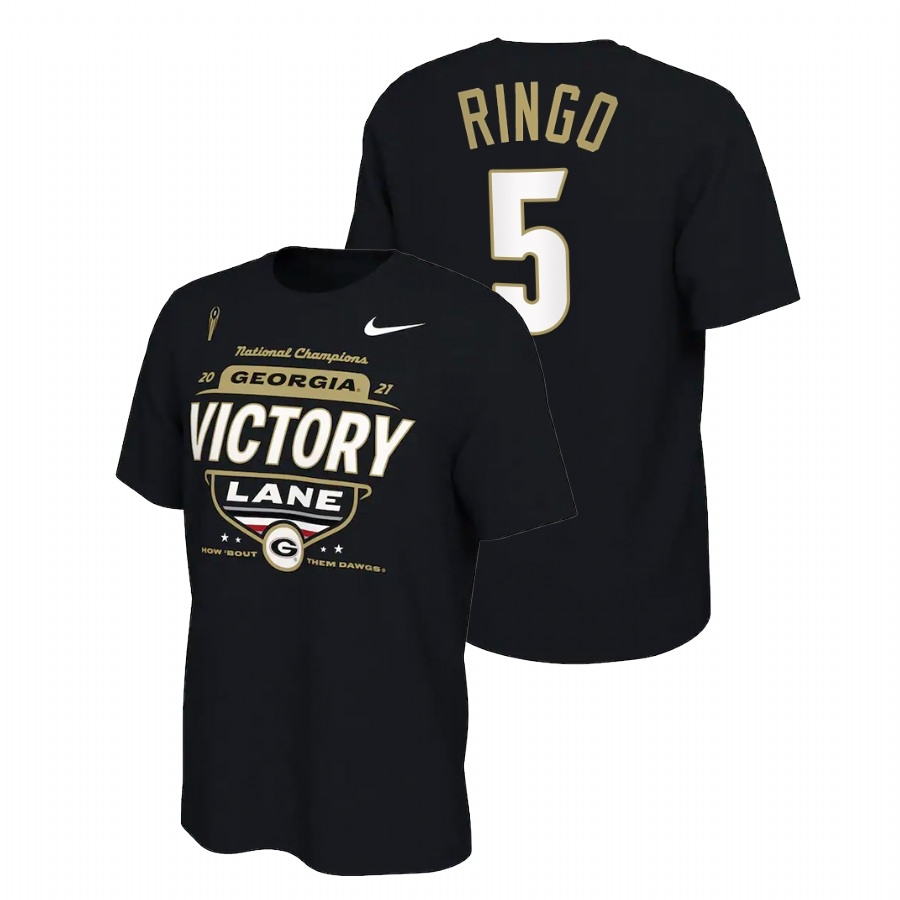 Georgia Bulldogs Men's NCAA Kelee Ringo #5 Black Champions 2021 CFP National Locker Room College Football T-Shirt VTZ5549DE